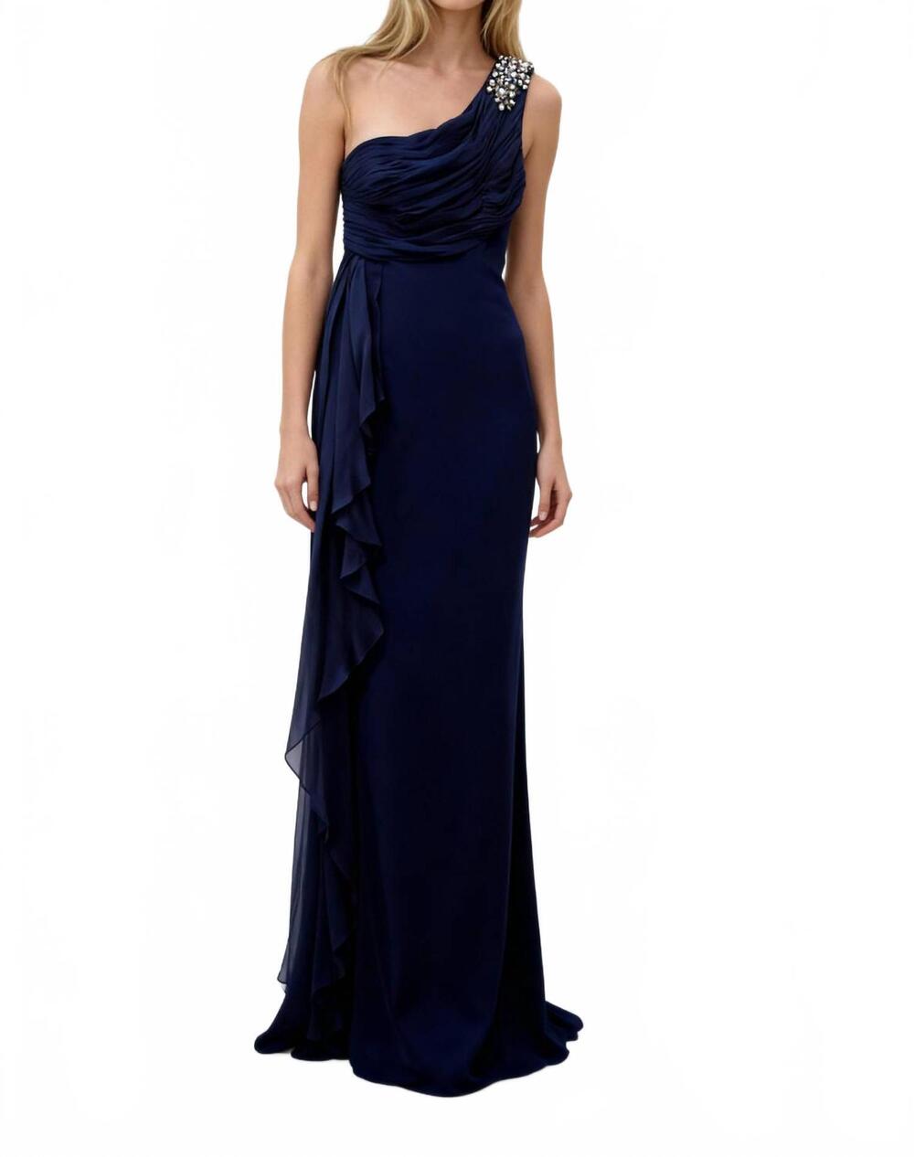 NEW MARCHESA one-shoulder long evening dress in navy